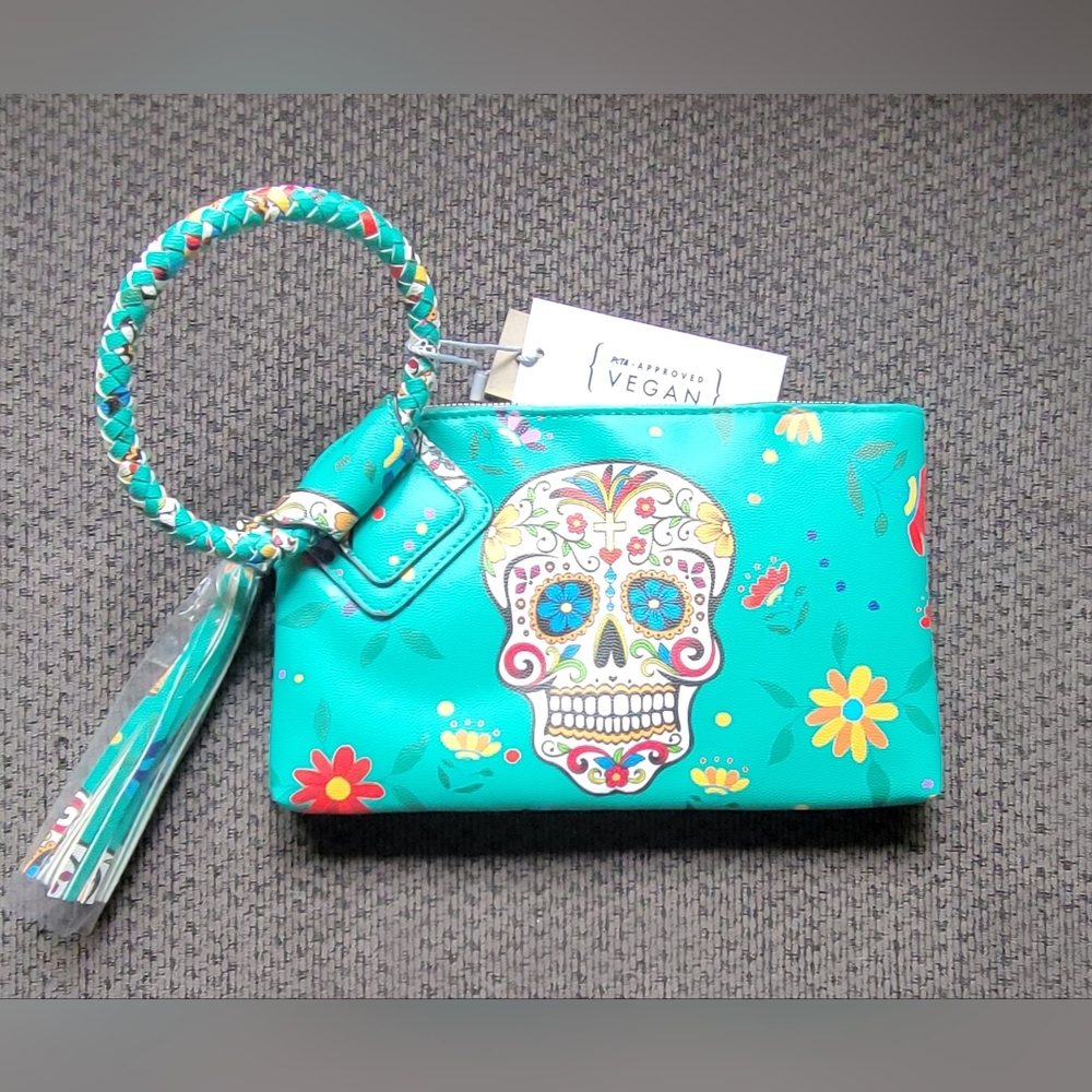 NWT Calin Collection Sugar Skull Day of the Dead Tassel Wristlet Clutch Teal
